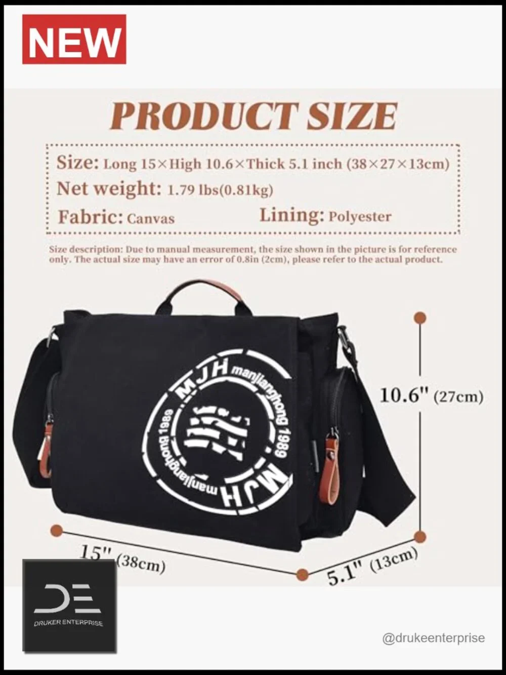 Canvas Messenger Bag for Men Travel Shoulder Laptop 13.5